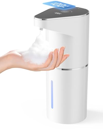 Automatic Soap Dispenser Touchless, Rechargeable Hands-Free Soap Dispenser with Infrared Sensor, 6 Adjustable Foam Levels, LED Display, IPX4 Waterproof, 350ml for Bathroom Kitchen, White