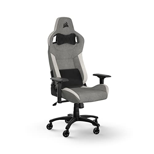 Corsair T3 Rush Fabric Gaming Chair (2023) – Racing-Inspired Design – Soft Fabric Exterior – Padded Neck Cushion – Memory Foam Lumbar Support – Adjustable Seat Height – Gray & White