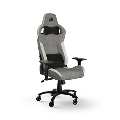 Corsair T3 Rush Fabric Gaming Chair (2023) – Racing-Inspired Design – Soft Fabric Exterior – Padded Neck Cushion – Memory Foam Lumbar Support – Adjustable Seat Height – Gray & White