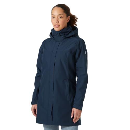 Helly Hansen Women's Aden Waterproof Windproof Breathable Long Length Packable Hood Rain Coat Jacket, 597 Navy, Large