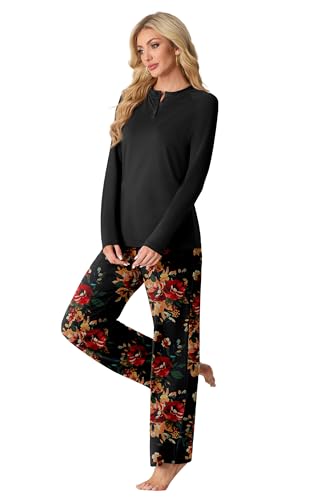 VINTATRE Womens Pajama Sets 2 Piece Lounge Set Knit Pj Brown Black