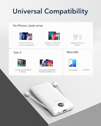 VEGER Portable Charger with Built-in Cables & AC Plug, 10000mAh Power Bank