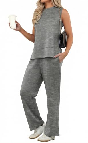 PrinStory 2 Piece Set for Women Summer vacation Airport Outfits Lounge Sets Sleeveless Top Wide Leg Pants S-2XL