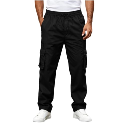 Mens Drawstring Elastic Waist Cargo Pants Straight Leg Casual Pants