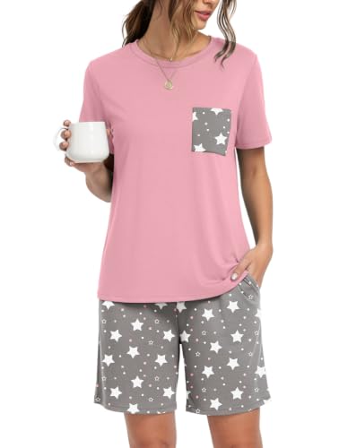 PrinStory Womens Pajamas Set 2 Pcs Summer Lounge Pjs Gray White Star XL