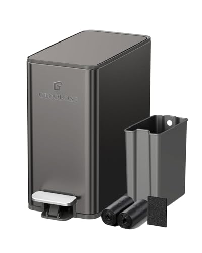 GTOOBOSE 10L/2.6G Slim Bathroom Trash Can, Narrow Stainless Steel Soft-Close Step Pedal Bin with Lid, Odor Control Carbon Box, Removable Inner Bucket, Small Waste Bin for Bedroom, Office, RV (Gray)