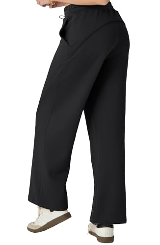 IWOLLENCE Women Wide Leg Sweatpants Elastic Waist with Drawstring Lounge Pants with Side Pockets Soft Stretchy (Black, L)