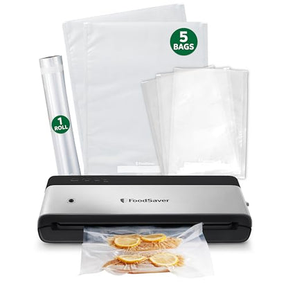 FoodSaver PowerVac Compact Vacuum Sealer Machine w/ Vertical Storage | 5 Airtight Vacuum Seal Bags & 1 Roll | VS0150 | Stainless Steel / Black