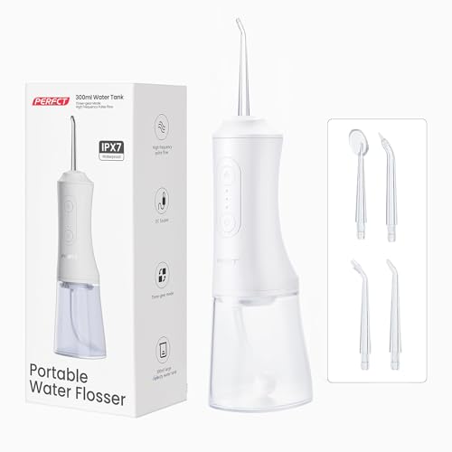 PERECT Water Flosser for Teeth Cleaning, Water Flossers for Teeth & Braces, 300ML Cordless Water Pick Oral Irrigator, 30-Day Battery, USB Rechargeable, 4 Jet Tips, IPX7 Waterproof, White