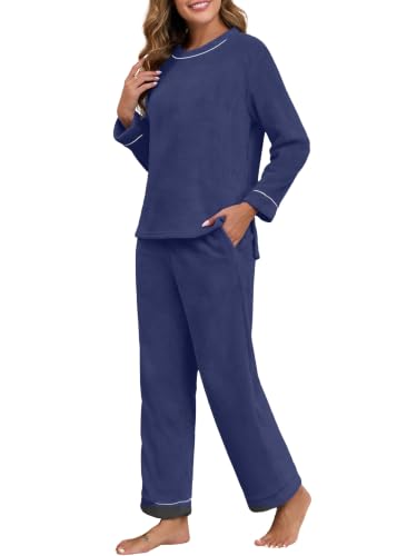 🌈 MANY COLOR CHOICES - VINTATRE Women's Flannel Pajamas Set 2 Piece Fall Winter Pajama Soft Long Sleeve Sleepwear with Pockets Navy Blue-M