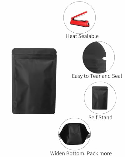 200 Pieces Resealable Mylar Bags Smell Proof Stand Up Foil Pouch for Zip Aluminium Foil Lock Food Storage Packaging Airtight Zipper Pouches (3.3x5.1 inch, Black, 200)