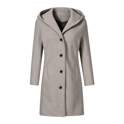 Mid Length Hooded Trench Coat for Women Long Sleeve Button Down Wool Jacket