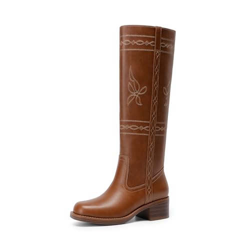 DREAM PAIRS Women's Knee High Boots Square Toe Stitched Tall Boots Embroidery Pull On Comfortable Long Boots for Country Concert,Size 7,Brown,SDKB26006W