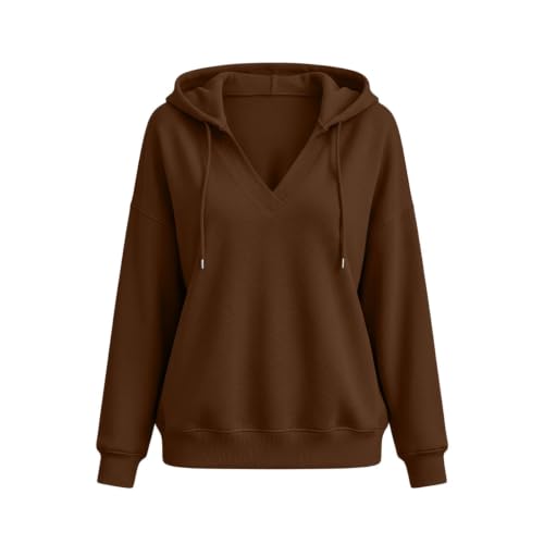 Hoodies for Women Womens Hoodies V Neck Hooded Sweatshirt Loose Drop Shoulder Long Sleeve Pullover with Pockets Daily Commute Coffee S