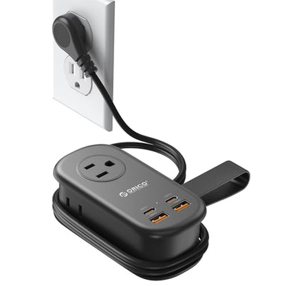 ORICO 65W GaN Travel Power Strip with 7-in-1 Charging Ports (3 AC Outlets/2 USB-A/2 USB-C), Flat Plug and 4FT Extension Cord, Fast Charger for MacBook Pro/Air, iPad Pro, iPhone 17/16/15- AP3