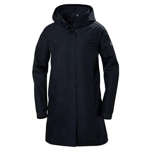 Helly Hansen Women's Aden Waterproof Windproof Breathable Long Length Packable Hood Rain Coat Jacket, 597 Navy, Large