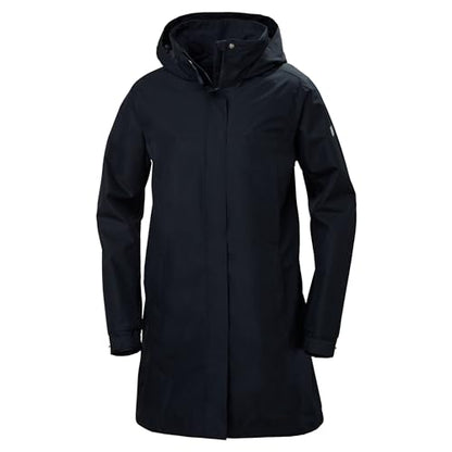 Helly Hansen Women's Aden Waterproof Windproof Breathable Long Length Packable Hood Rain Coat Jacket, 597 Navy, Large