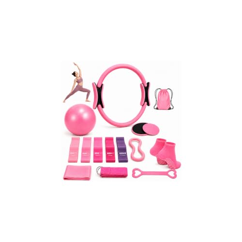 15 Pcs Pilates Kit for Women, Spopal Better Me Pilates Kit with Yoga Ball, Ring, Resistance Bands, Stretching Strap, Sliding Disks, Pilates Essential Equipment for Home (Pink)