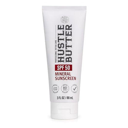 Hustle Butter Tattoo Aftercare Sunscreen - Tattoo Sunscreen Lotion - Fade Protection, SPF 50, Hydrating with Shea Butter & Coconut Oil, TSA-Friendly, Water Resistant, Non-Greasy, 3 oz