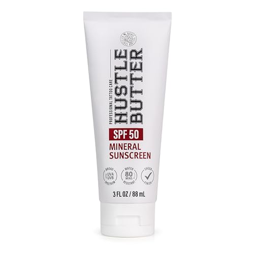 Hustle Butter Tattoo Aftercare Sunscreen - Tattoo Sunscreen Lotion - Fade Protection, SPF 50, Hydrating with Shea Butter & Coconut Oil, TSA-Friendly, Water Resistant, Non-Greasy, 3 oz
