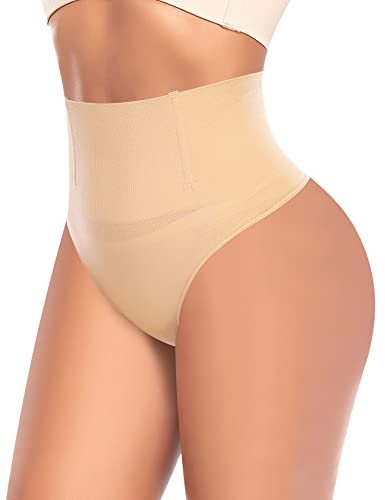 Riseholy Tummy Control Thong Shapewear for Women Body Shaper Underwear Seamless Waist Trainer Panties (#01 Beige,Large)