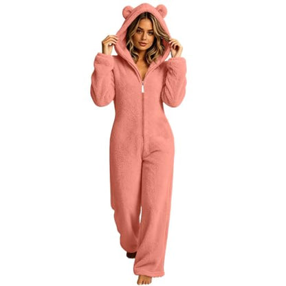 Womens Onesie Fleece Zip Up Cuffs Hooded Loose Cute Bear Pajamas | Long Sleeve Soft Fuzzy Jumpsuit,Casual Lounge One Piece Sherpa Sleepwear,Adult Onesie Party Funny Pjs,Fall Winter Loungewear