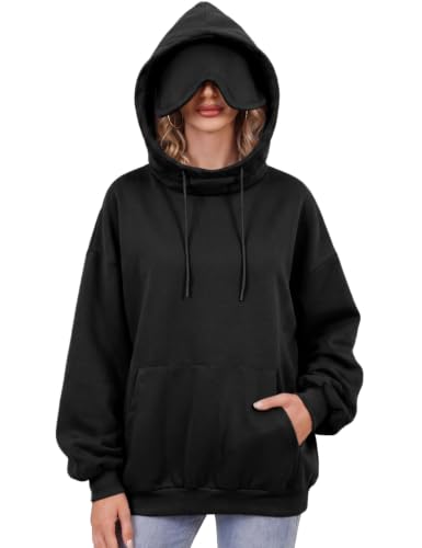 Hithymo Travel Hoodie with Eye Mask Cotton Blend Lightweight Sweatshirts