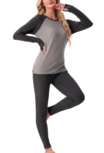 GRECERELLE Women's Thermal Underwear Set Top & Bottom Layer, Gray Black-S