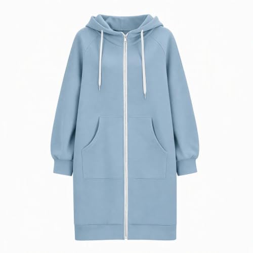 Zip Up Fleece Hoodie Women Long Womens Jacket Long Hoodies for Women Plus Size Zip Up Jacket with Hood Knee Length Cardigan Coat Casual Fleece Sweatshirt Full Zipper Light Blue,XL