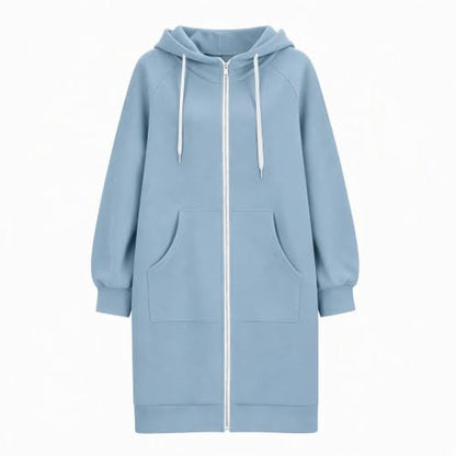 Zip Up Fleece Hoodie Women Long Womens Jacket Long Hoodies for Women Plus Size Zip Up Jacket with Hood Knee Length Cardigan Coat Casual Fleece Sweatshirt Full Zipper Light Blue,XL