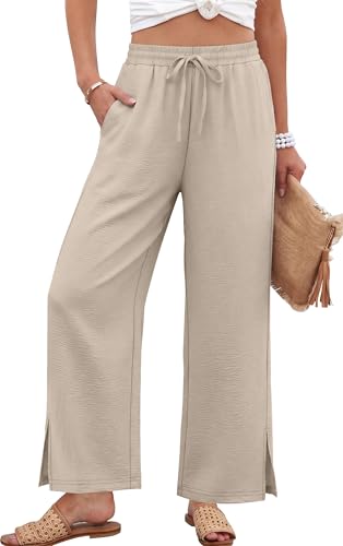 SAMPEEL Women's Wide Leg Pants Elastic Waist Casual Flowy Palazzo Lounge Trousers Outfits Western Capsule Wardrobe for Women Oatmeal S
