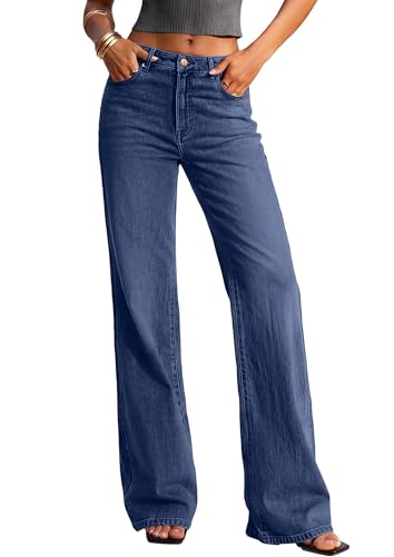 PRETTYGARDEN Women's Wide Leg Jeans High Waisted Denim Pants Deep Blue,4 | Stretchy Flare Jeans, Comfy Soft, Basic-5-Pocket, Trendy Bottoms, Casual Office Wear, Going Out Outfits, Fashion Clothing