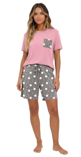 PrinStory Womens Pajamas Set 2 Pcs Summer Lounge Pjs Gray White Star XL