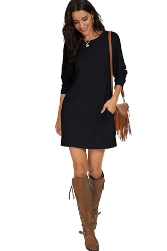PrinStory Womens Long Sleeves Dresses Casual Loose Round-Neck Tuinc Tops Basic Dress with Side Pockets
