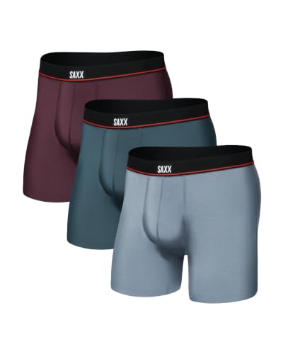 SAXX Underwear Co. Men's Non-Stop Stretch Cotton Boxer Brief Fly 3-Pack, Maroon/Storm Blue/Ashley Blue, Medium