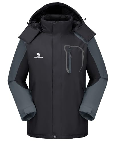 CAMELSPORTS Mens Winter Jacket Waterproof Warm Snow Ski Jackets Faux Fur Fleece Rain Coats with Removable Hood, B-black, Large