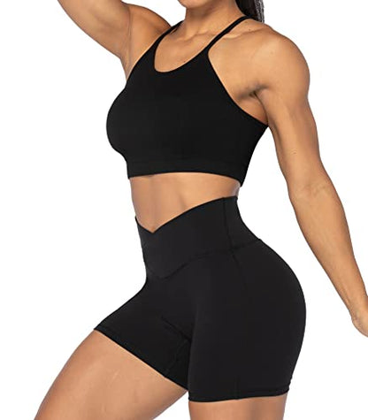 Sunzel Sunzfly Crossover Biker Shorts for Women, V Criss Cross High Waist Yoga Workout Gym Shorts with Tummy Control 4" Black Small