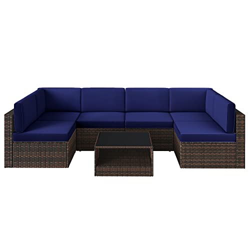 SONGMICS 7-Piece Patio Furniture Set, Outdoor Sectional Sofa Couch, Patio Conversation Set, Brown and Navy Blue UGGF015I01