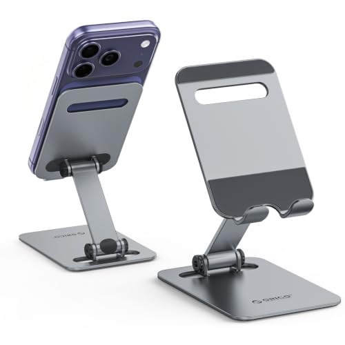ORICO Heavy Duty Metal Phone Stand for Desk, Adjustable Cell Phone Holder | 7.8 oz Weighted Metal Design With 180° Dual-Axis Tilt, Full Silicone Anti-Scratch Base, Stable Support - PS3, Gray
