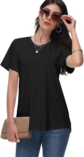 RIROW Short Sleeves Tops for Women Summer Basic T Shirts Casual Crew Neck Pleated Loose Fit Tunic Tops 2025 L Black