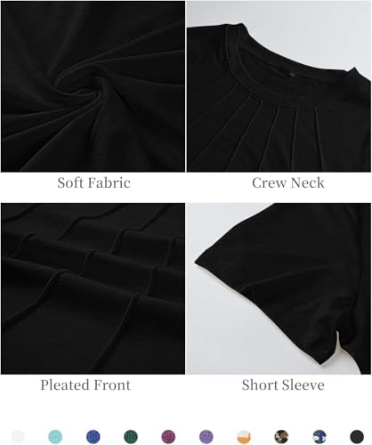 RIROW Short Sleeves Tops for Women Summer Basic T Shirts Casual Crew Neck Pleated Loose Fit Tunic Tops 2025 L Black