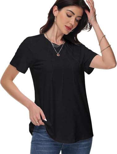 RIROW Short Sleeves Tops for Women Summer Basic T Shirts Casual Crew Neck Pleated Loose Fit Tunic Tops 2025 L Black