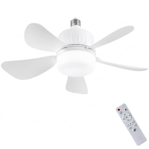 17.71 inch Socket Fan Light Ceiling Fan with Lights, Remote Control, LED Light Bulb E26 Base, Plug Screw in Ceiling Fan in Light Socket for Bedroom, Kitchen, Living Room, Balcony(white)
