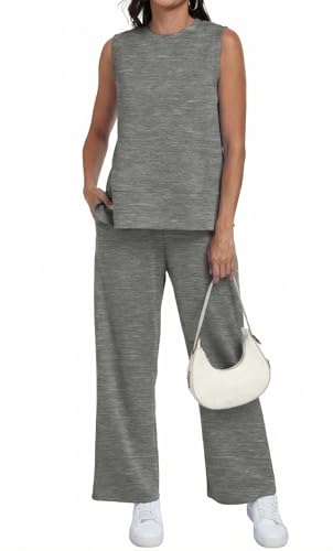 PrinStory 2 Piece Set for Women Summer vacation Airport Outfits Lounge Sets Sleeveless Top Wide Leg Pants S-2XL