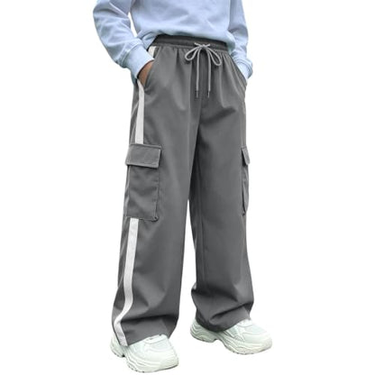 Boys Cargo Pants Elastic Waist Wide Leg Casual Pants with Pockets Gray