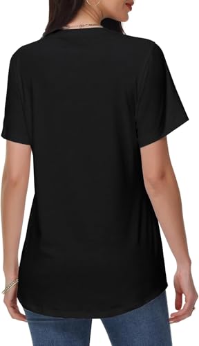 RIROW Short Sleeves Tops for Women Summer Basic T Shirts Casual Crew Neck Pleated Loose Fit Tunic Tops 2025 L Black
