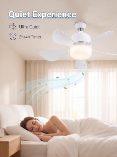17.71 inch Socket Fan Light Ceiling Fan with Lights, Remote Control, LED Light Bulb E26 Base, Plug Screw in Ceiling Fan in Light Socket for Bedroom, Kitchen, Living Room, Balcony(white)