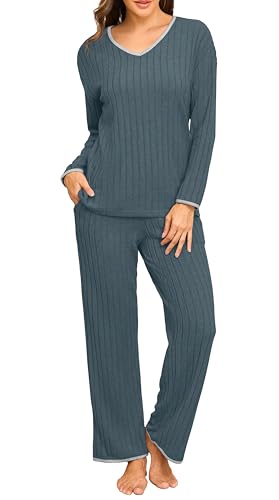 VINTATRE Women's Pajama Sets Long Sleeve Casual 2 Piece Lounge Set Pjs Outfit Fall Sleepwear 2025 Medium Blue-M