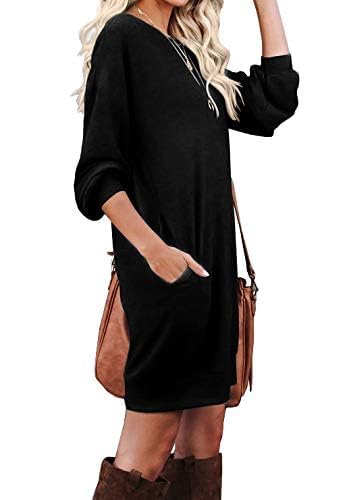 PrinStory Womens Long Sleeves Dresses Casual Loose Round-Neck Tuinc Tops Basic Dress with Side Pockets