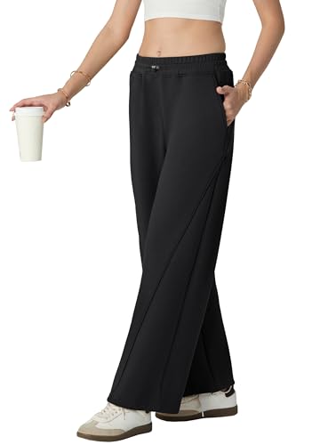 IWOLLENCE Women Wide Leg Sweatpants Elastic Waist with Drawstring Lounge Pants with Side Pockets Soft Stretchy (Black, L)